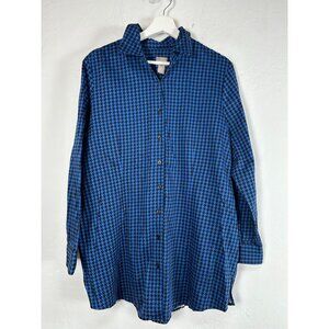 Chico's Womens Blue Houndstooth Button-Up Shirt Top Size 2 Cotton Blend Stretch